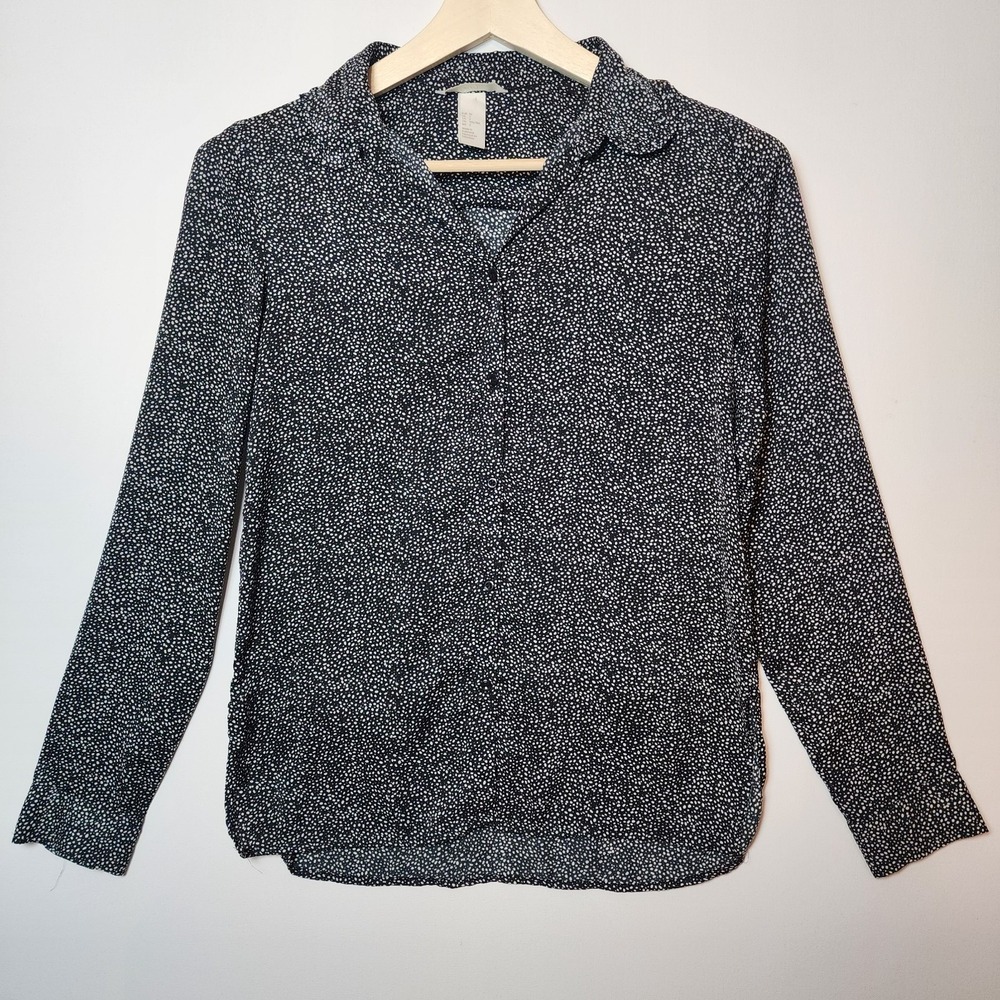HM Black White Micro Dot Print Long Sleeve Button Down Blouse Size 2